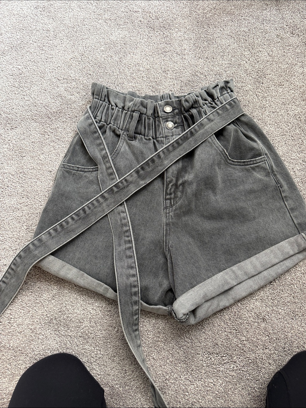 High-Waist Paperbag Denim Shorts in Washed Gray - Picture 2 of 7